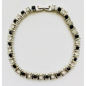 Goth Tennis Bracelet Black & White Rhinestones Silver Tone 7 Inch Dark Fairy